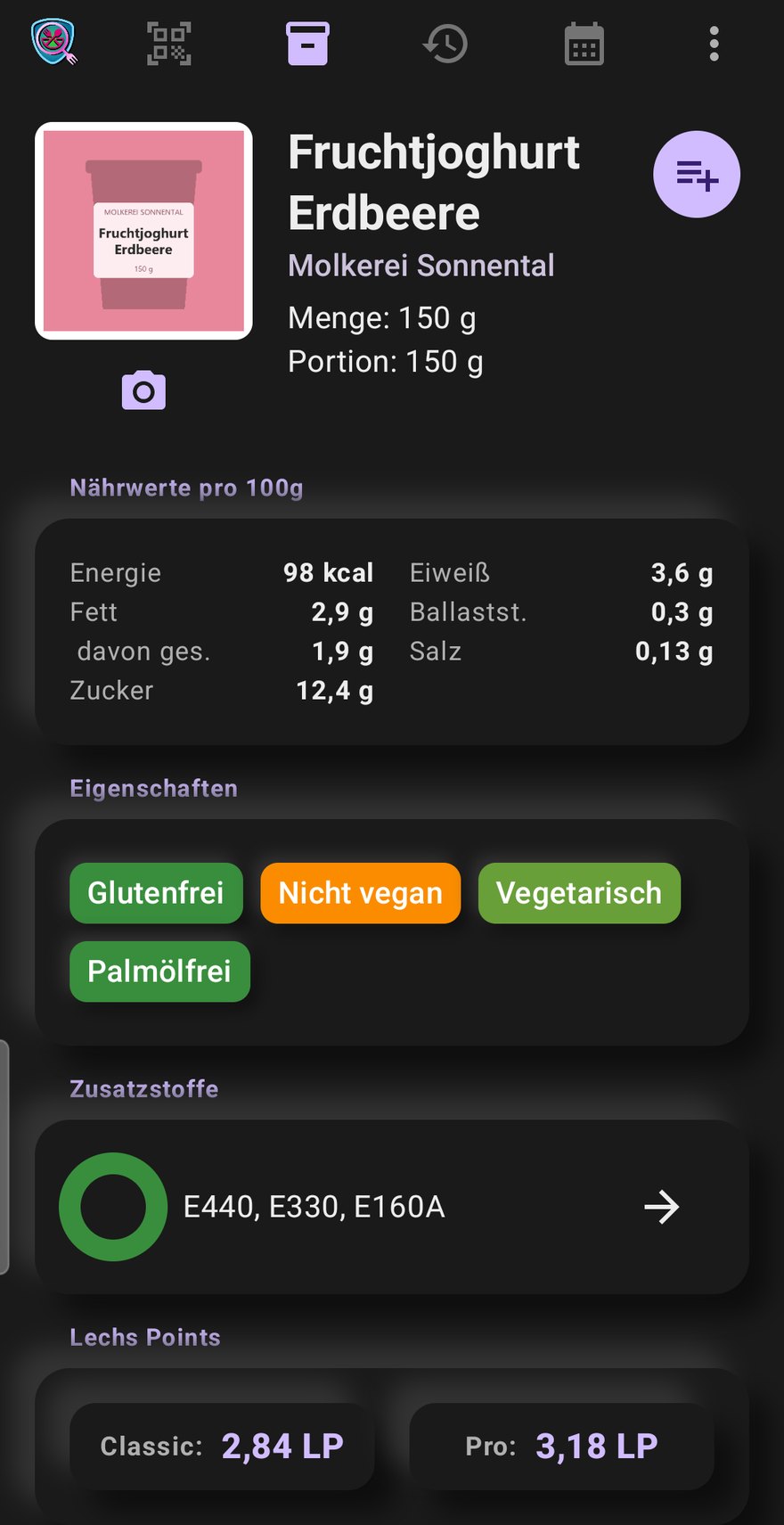 Lechs Food Viewer - Produktseite mit Nährwerten und Lechs Points